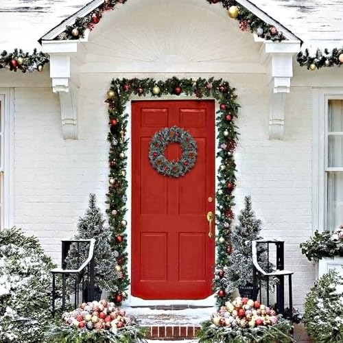 2 Pack Christmas Wreaths 13.8in Front Door with Rope & Hooks, Red Berries & Pinecones