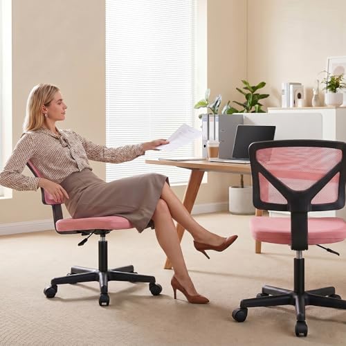 Pink Armless Home Office Chair - Ergonomic Small Desk Chair for Study & Work