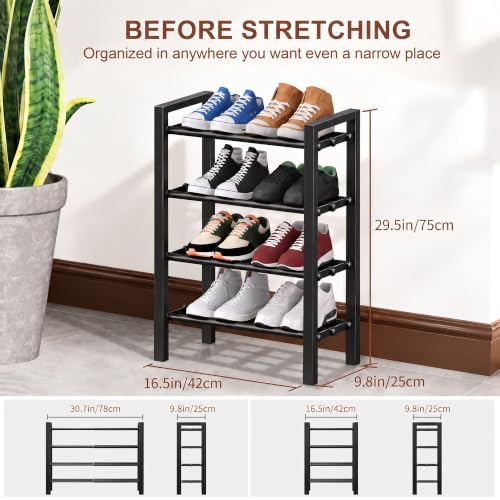 Black 4-Tier Heavy Duty Metal Expandable Shoe Rack for Closet & Doorway