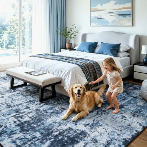 Dark Blue 9x12 Washable Abstract Area Rug for Living Room & Home Decor