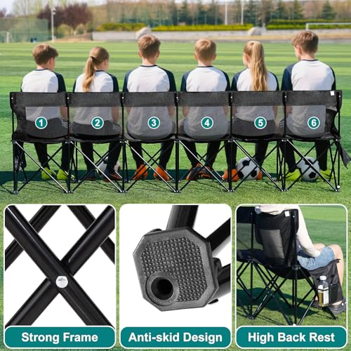Portable Folding Soccer Bench - 6 Seats with Backrest, Black