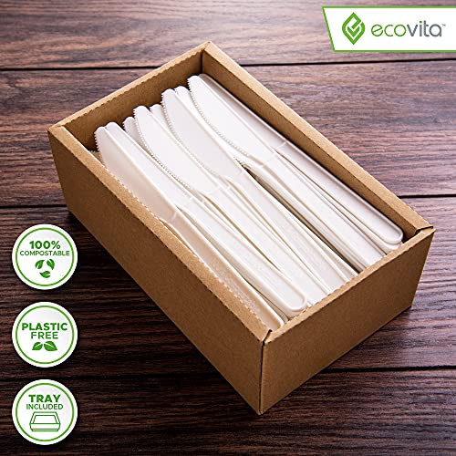 Ecovita Ivory White 100% Compostable Large Disposable Knives - 140 pcs, 7-inch, Eco-Friendly & Heat Resistant, Tray Included