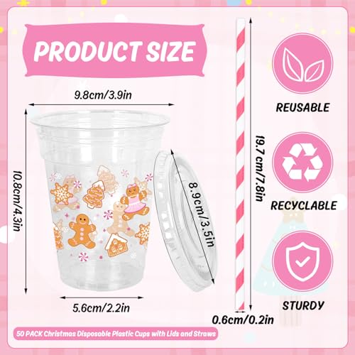 50 Pack Christmas Disposable Plastic Cups with Lids & Straws - Pink Gingerbread Theme, 12oz Party Supplies