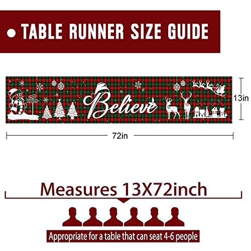 Tipbrol Believe Christmas Buffalo Plaid Table Runner - 72 Inch Burlap Red Green Snowman Pattern
