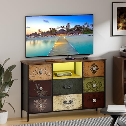 VASICAR Wide TV Stand for 55-Inch TV with LED Lights & Pattern, Dresser with Power Outlets