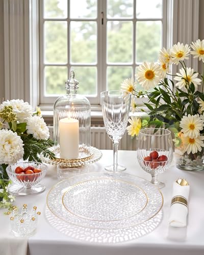 Hioasis Clear Gold Disposable Plates - 350 Pcs Wedding & Party Tableware