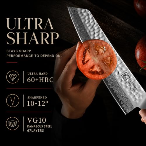 KEEMAKE 8-Inch Damascus Chef Knife with VG10 Steel & Pakkawood Handle - Japanese Kitchen Knife with Wood Sheath