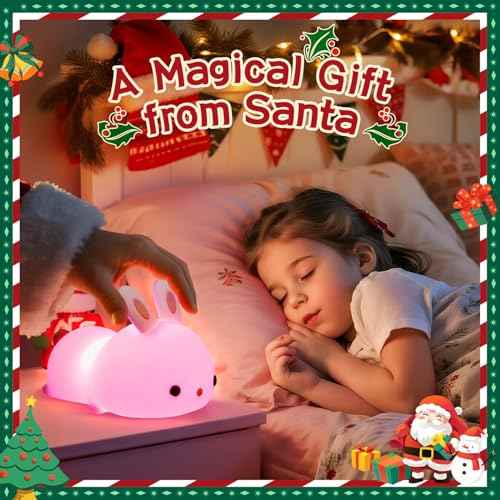 One Fire Bunny Christmas Night Light for Kids, 16 Colors Cute Lamp, Soft Silicone Baby Night Light, 1200mAh Portable Dimmable Touch Lamps, Kawaii Room Decor Stuff, Gifts for Christmas|Halloween|Easter