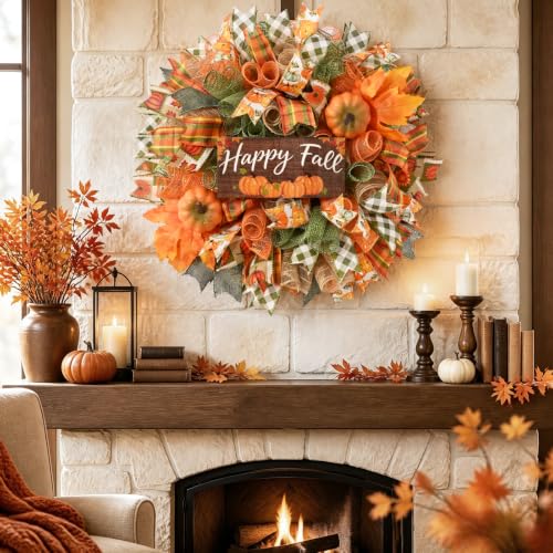 Autumn Fall Wreath for Front Door 20-Inch Mesh Bow with Wood Sign - Orange Green Variation