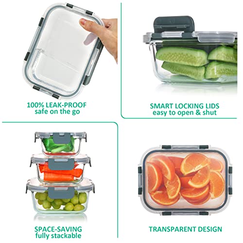 KOMUEE 12-Pack Gray Glass Food Storage Containers Set - BPA-Free, Oven & Microwave Safe