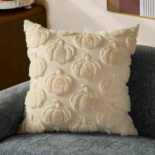 DFXSZ Fall Pillow Covers 18x18 Set of 2 Fall Decorations Autumn Beige Pumpkin Throw Pillow Cases Soft Plush Faux Fur Wool Couch Cushion Case for Chair Sofa Living Room Home Decor PTK045A18