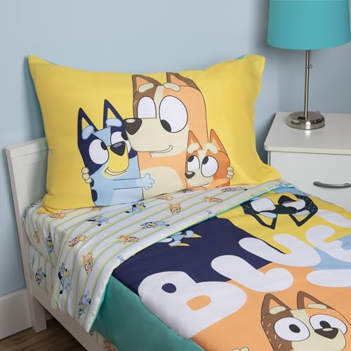 Bluey Blue 4-Piece Toddler Bedding Set with Reversible Comforter & Sheets – Fits Standard Toddler Bed, Boy or Girl