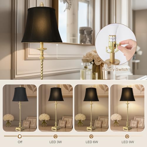 33-Inch Vintage Table Lamp Set of 2 - Gold Leaf Finish with Black Linen Shades — Elegant European Style for Living Room Bedroom