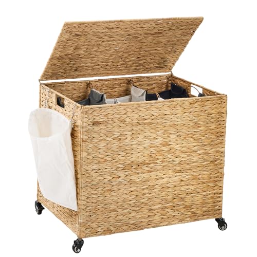Water Hyacinth Laundry Hamper with Wheels & Lid, 52.8 Gallon, Natural, 3-Section with Removable Liners - 31.5"L x 15.75"W x 25.6"H
