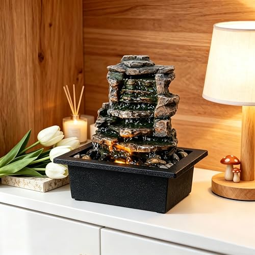 GOSSI Meditation Waterfall Fountain with LED Lights - Black Indoor Tabletop Relaxation Decor