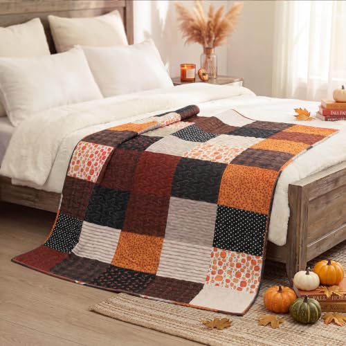 Fall Pumpkin Patchwork Quilted Throw Blanket 50x66 Inches - Autumn Decor