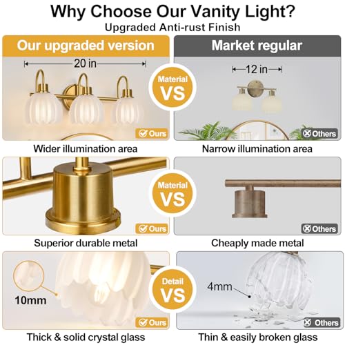 Meybiok 3-Light Brushed Gold Vanity Light Fixture with Frosted Tulip Glass Shades - Over Mirror Bathroom Lighting, Dimmable, Modern Home Decor