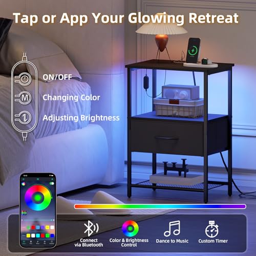 Nightstand Set of 2 with Charging Station & LED Light - Black, 11.8 x 15.7 x 23.4 inches, 1 Drawer