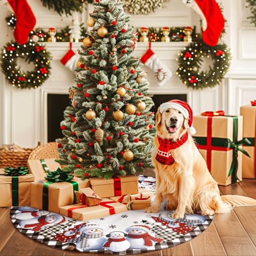 QIALETS 48 Inch Gray Buffalo Plaid Christmas Tree Skirt with Snowmen Decoration