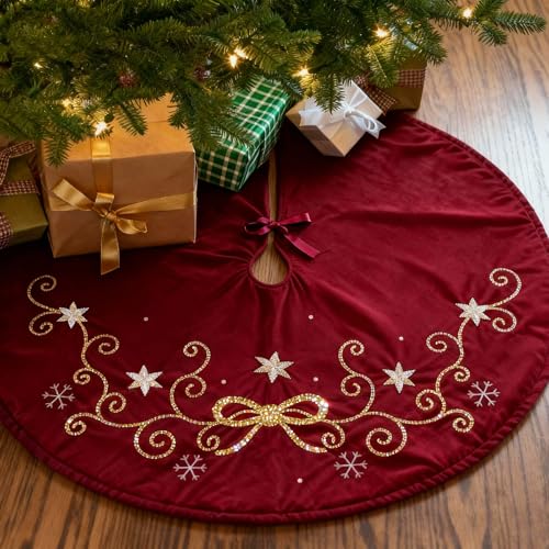 Etistta Christmas Tree Skirt Large 48 inch, Sequin Embroidered Bow