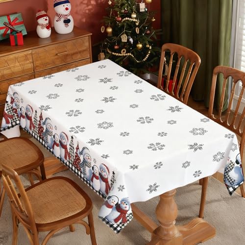 QIALETS 60x120 Inch Christmas Tablecloth, Snowman & Buffalo Plaid Tree Design, Water-Resistant