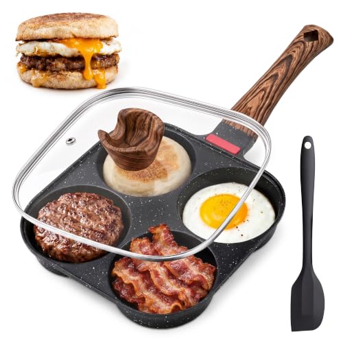 Nonstick 4-Cup Egg Pan with Lid and Silicone Scraper - Black Variation
