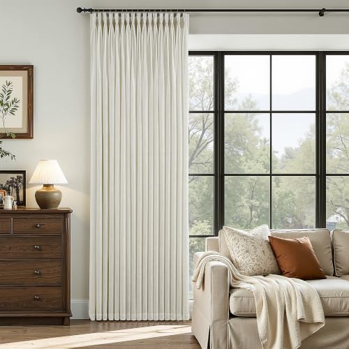 40W x 90L Linen Curtains Set - 2 Panel Triple Pinch Pleated Beige Textured Drapes