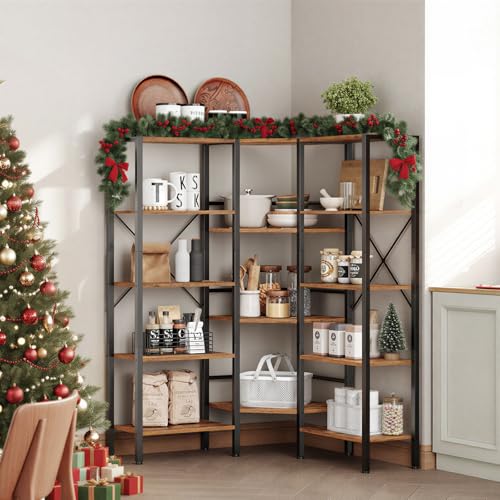 Industrial Corner Bookshelf - 5-Tier L-Shaped Bookcase with Rustic Finish