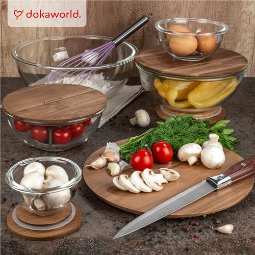 Dokaworld Dark Walnut Stackable Glass Mixing Bowls Set with Acacia Lids - 5 Sizes