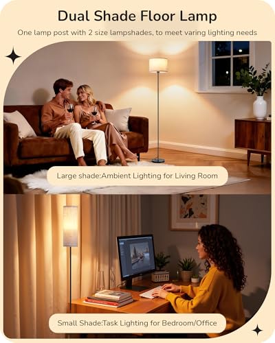 EDISHINE Black Modern 2-Shade Floor Lamp for Living Room - Dimmable & Stable
