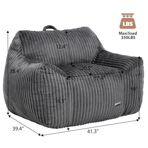 Dark Grey Plush Large Bean Bag Chair for Adults with Armrests & Back Support