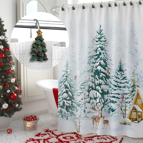 Christmas Tree Shower Curtain Hooks Set of 12 with Star - Holiday Bathroom Decor