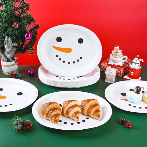 AimFun 50-Pack Snowman Christmas Oval Paper Plates 10x12in