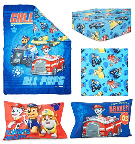 Paw Patrol Calling All Pups Boys 4-Piece Toddler Bedding Set - Comforter Sheet Pillowcase Blue