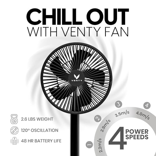 VENTY Black Portable Fan - Wireless Battery Operated with LED Lights & Remote