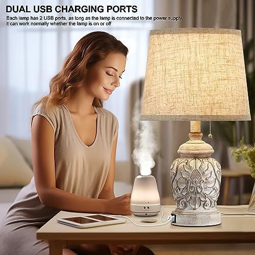 19.5" Vintage Rustic Farmhouse Table Lamps Set of 2 with Pull Chain & USB Ports, White Finish