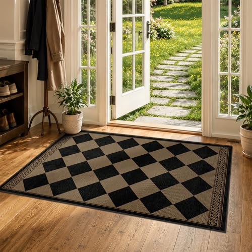 3' x 5' Indoor Outdoor Checkered Jute Style Rug - Black & Brown Non Slip Mat