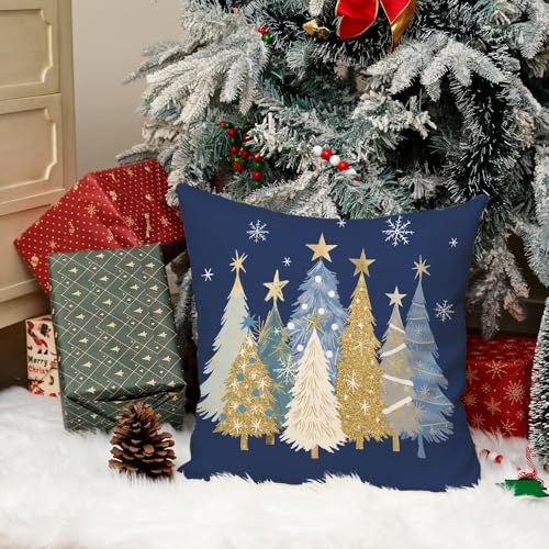 Christmas Pillow Cover 20x20 Inch Watercolor Tree & Stars Holiday Decor