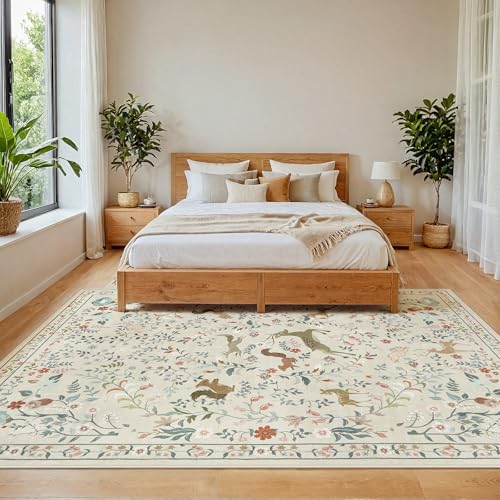 Yidanamy Beige Animal & Floral 5x7 Washable Area Rug for Living Room & Nursery