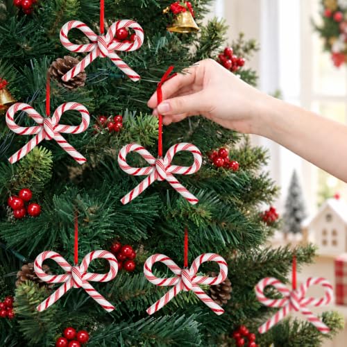 Candy Cane Bow Ornaments for Christmas Tree Decorations, Red and White