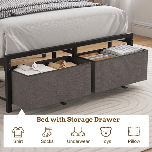 Twin Size Storage Bed Frame with 2 Fabric Drawers and Charging Station