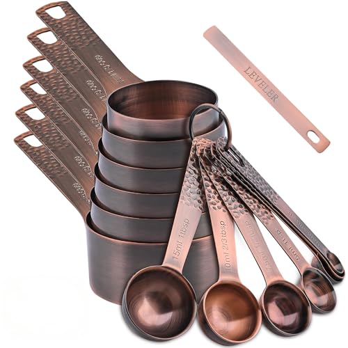 Copper Measuring Cups and Spoons Set - 14 Piece Kitchen Baking Tools with Accurate Markings