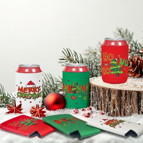 Cinrobiye Green Christmas Can Cooler Sleeves 24 Pack Reusable Holiday Beverage Holders