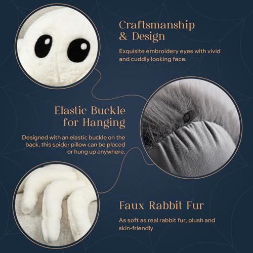 White Spider Halloween Throw Pillow - Cute Faux Fur Tarantula Cushion 22x16 inches