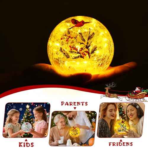 Yinhua Lighted Christmas Decorations Indoor, 4" Cardinal Bird Crackle Glass Balls, Light Up Christmas Globe Light with Timer, Xmas Centerpieces for Tables Mantel Fireplace Living Room Gift