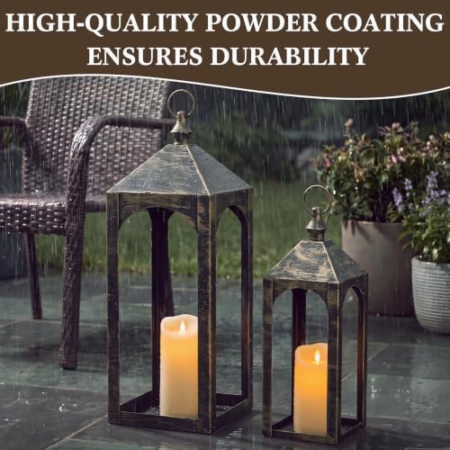 Large Decorative Lanterns Set of 2 Outdoor Indoor Bronze - Weather-Resistant Metal with LED Candles