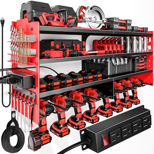 POKIPO Red Large Power Tool Organizer Wall Mount with Charging Station, 4 Layers, Heavy Duty Metal Shelf, 600 lbs Capacity