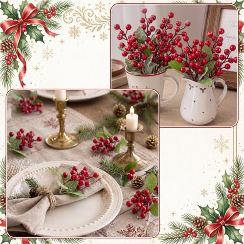 Cindeer Classic 24Pcs Artificial Red Berries Holly Stem Decor for Christmas