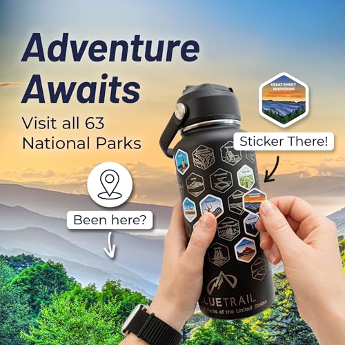 BlueTrail National Parks Water Bottle with Stickers - Midnight Edition