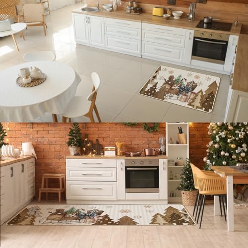 Tinideya 2Pcs Wooden Tree Christmas Kitchen Mats – Snowflake Snow Sleigh Runner Rugs (Variation: Wooden Tree)